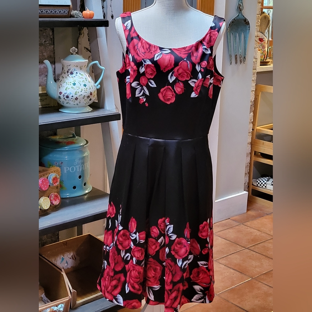 White House Black Market Black Dress with Red Roses